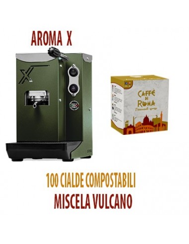 MACCHINA CAFFE AROMA X VERDE MILITARE + 100 Cialde Caffe di Roma VULCANO